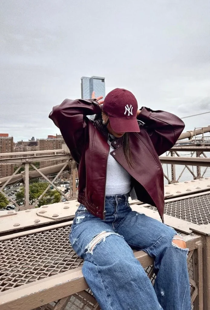 NYC Fall Outfit with Burgundy Leather Jacket