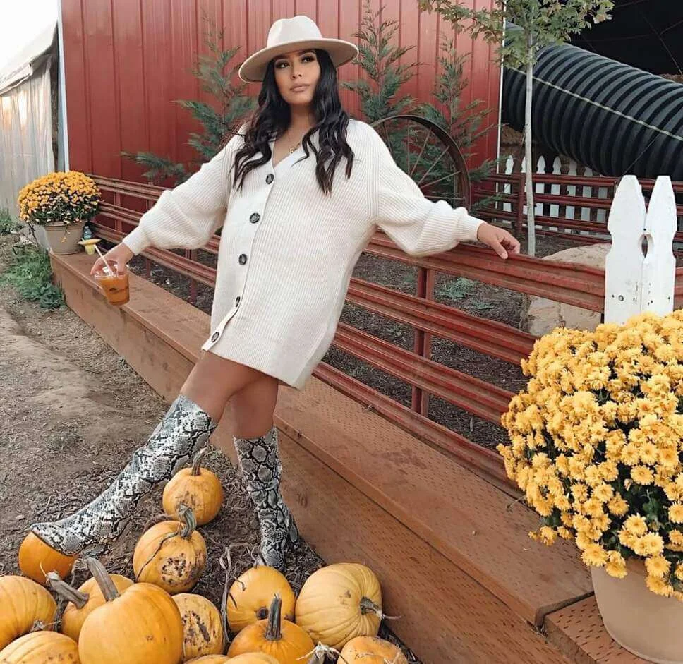 27. Cardigan Dress and Snakeskin Boots