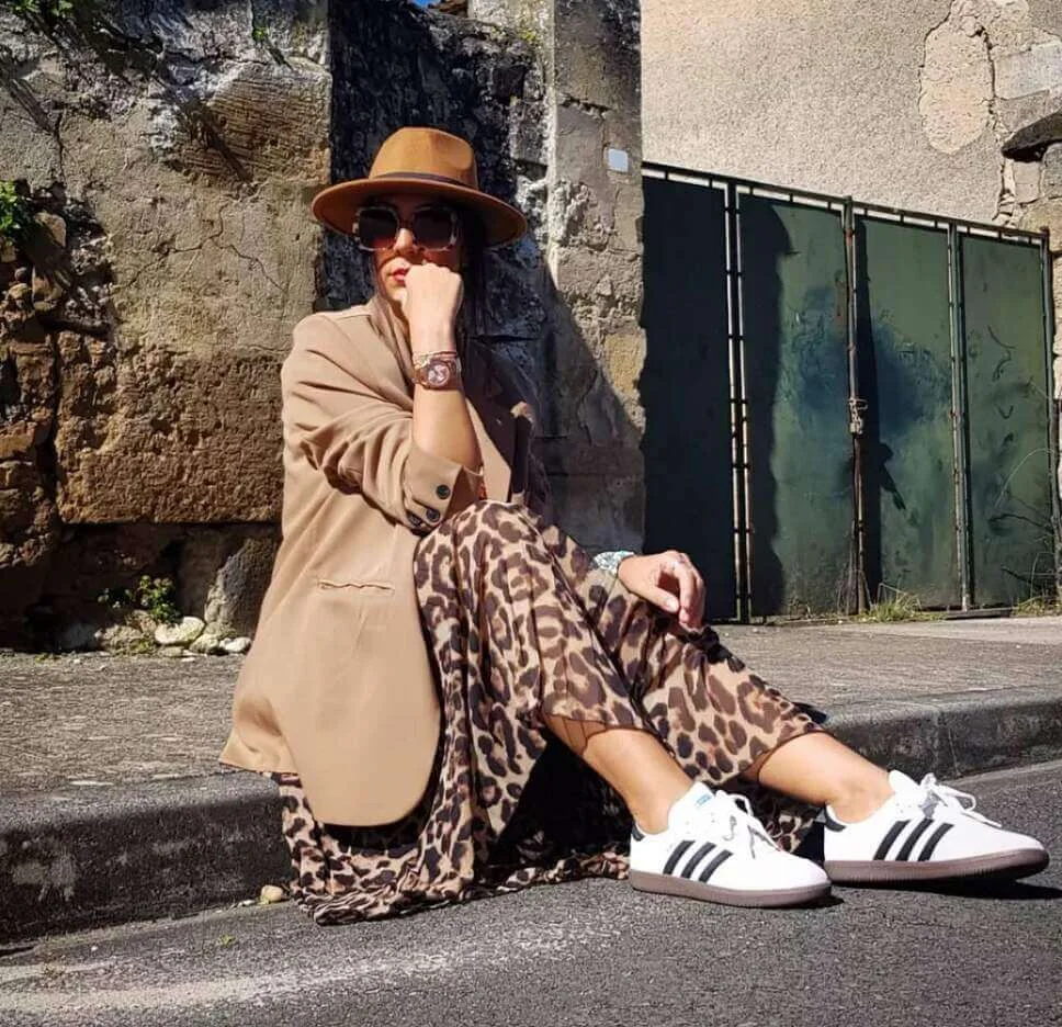 Leopard Skirt and Classic Adidas Sneakers