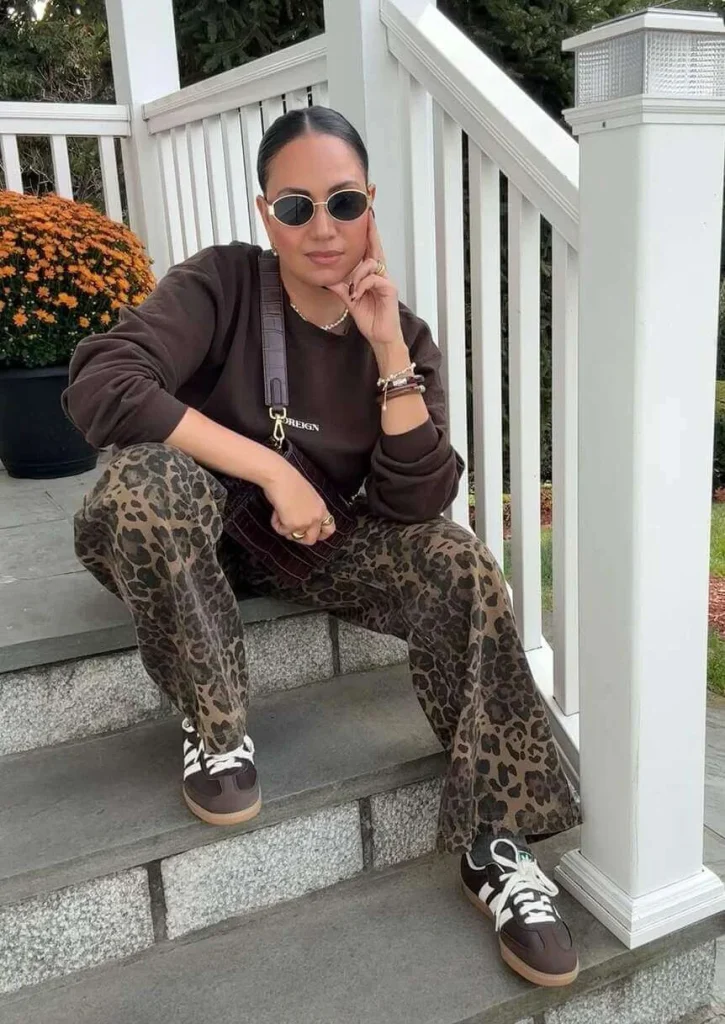 Leopard Pants with Brown Sneakers