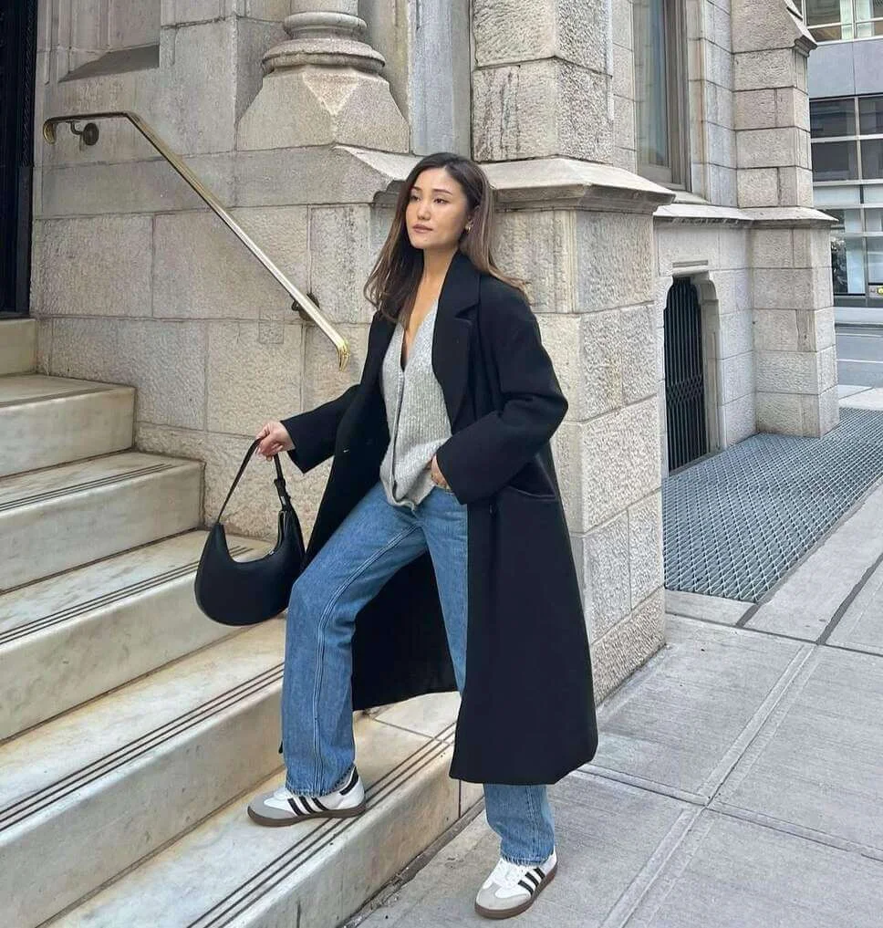 Black Coat with Sneakers