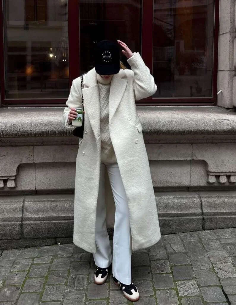 Winter Whites with Black Sneakers