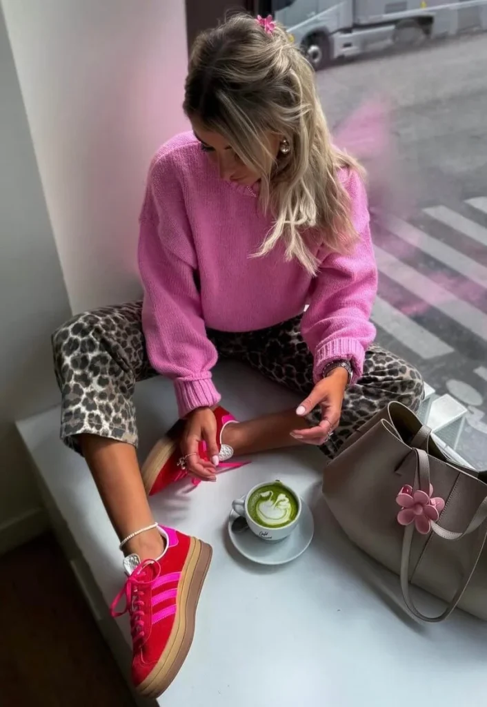 Pink Knit and Leopard Pants with Bold Sneakers