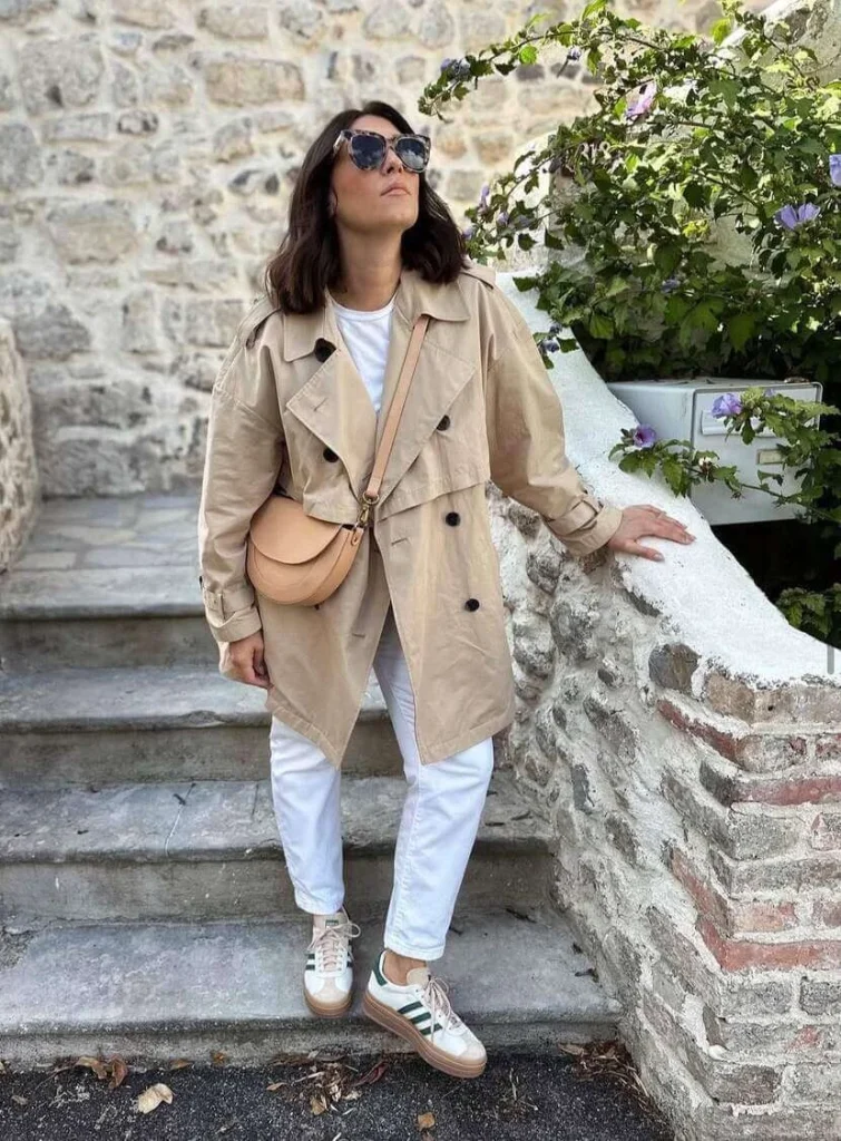 Trench and White Jeans with Green Sneakers