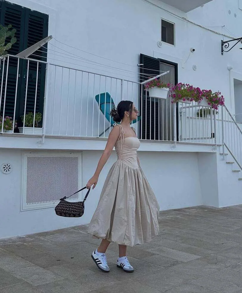 Neutral Dress with Classic Sneakers