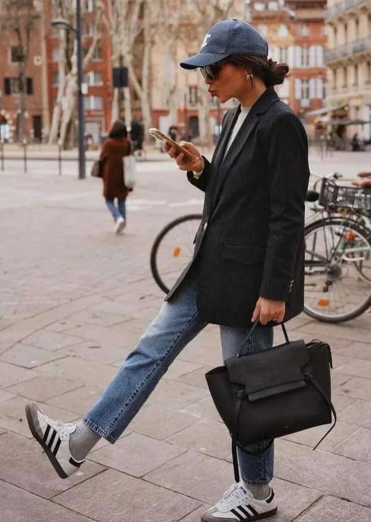 A Blazer and Jeans with Sporty Sneakers
