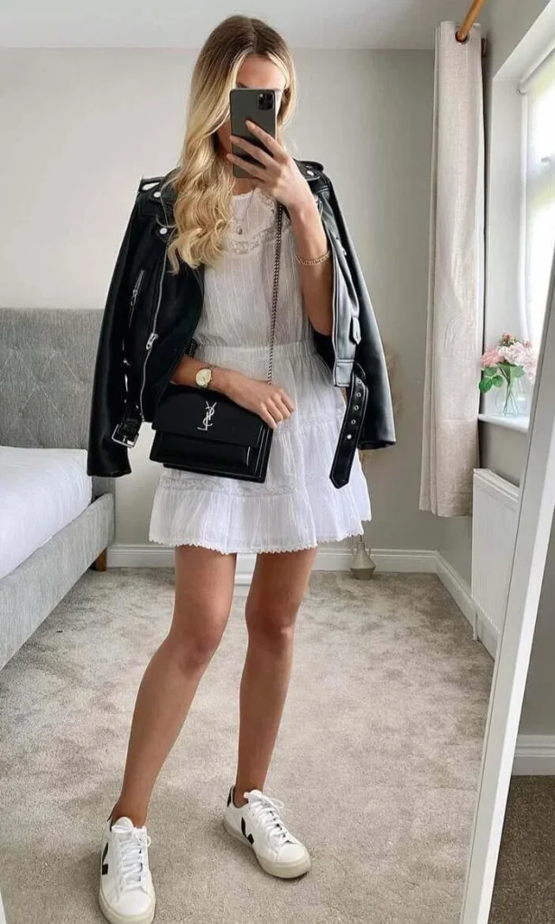 A White Mini Dress with a Leather Jacket