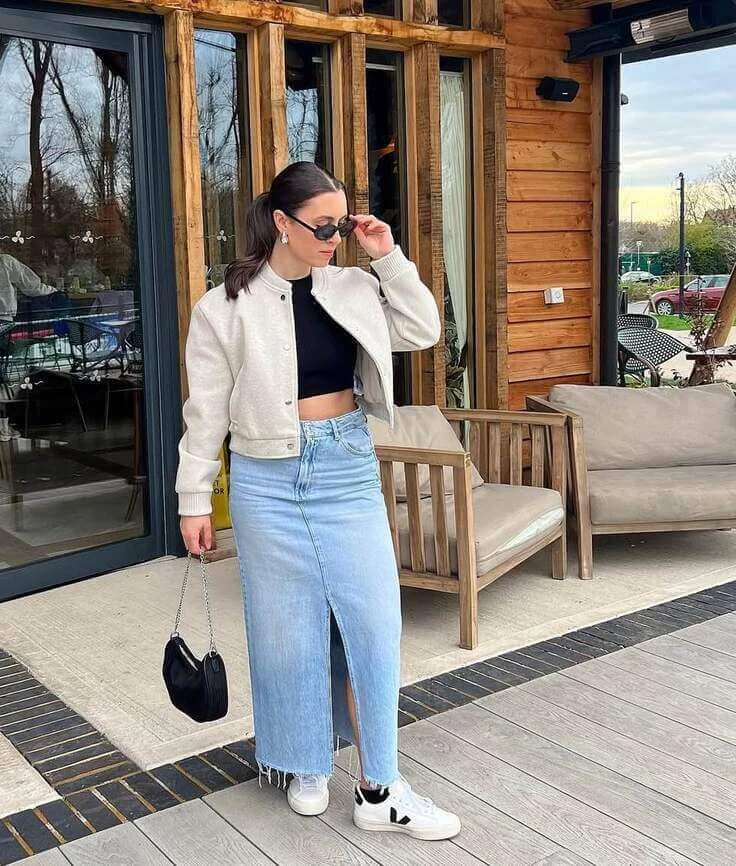 Cropped Jacket and Denim Maxi Skirt