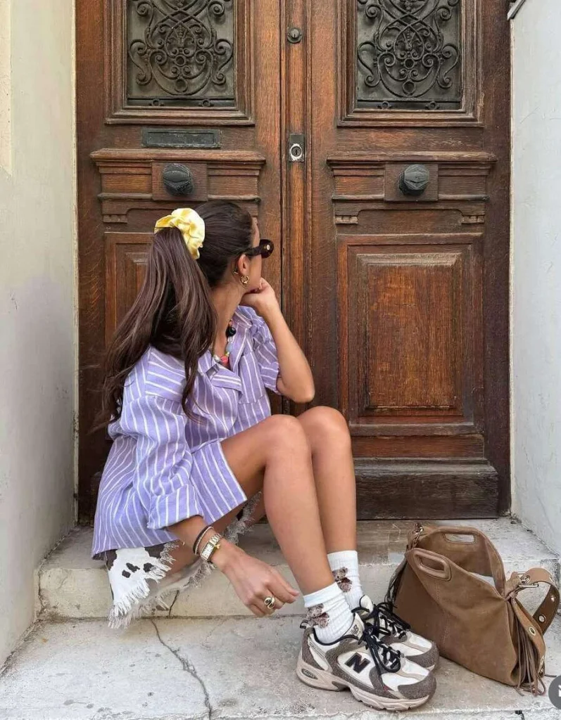 Striped Shirt Dress & New Balance Sneakers