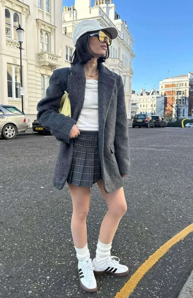 Plaid Mini Skirt with Sporty Sneakers