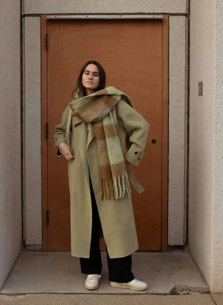 Green Coat with Neutral Sneakers