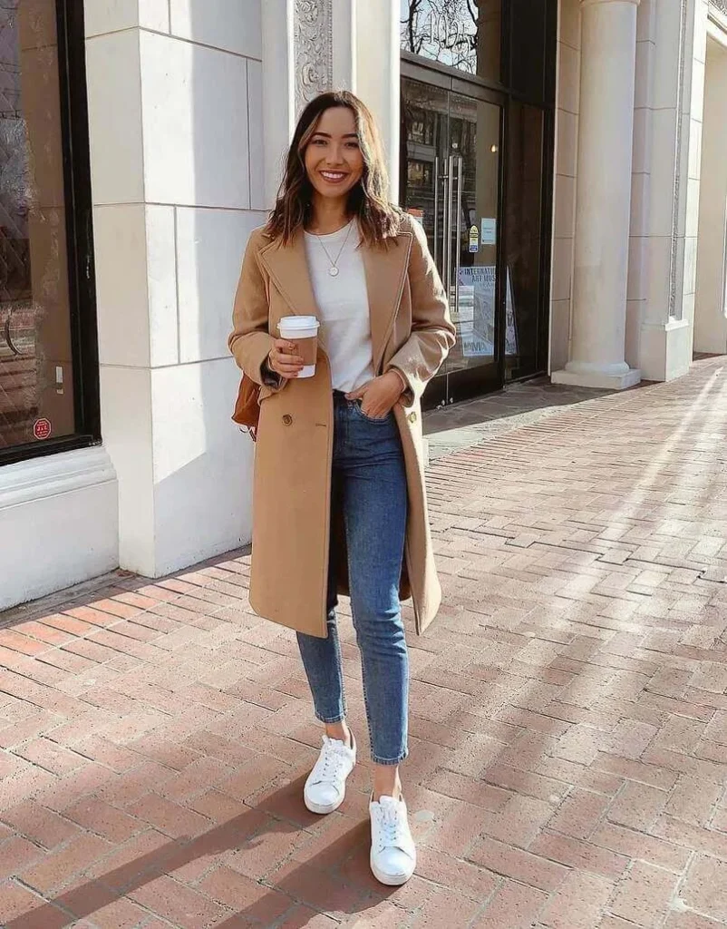 Camel Coat with White Sneakers