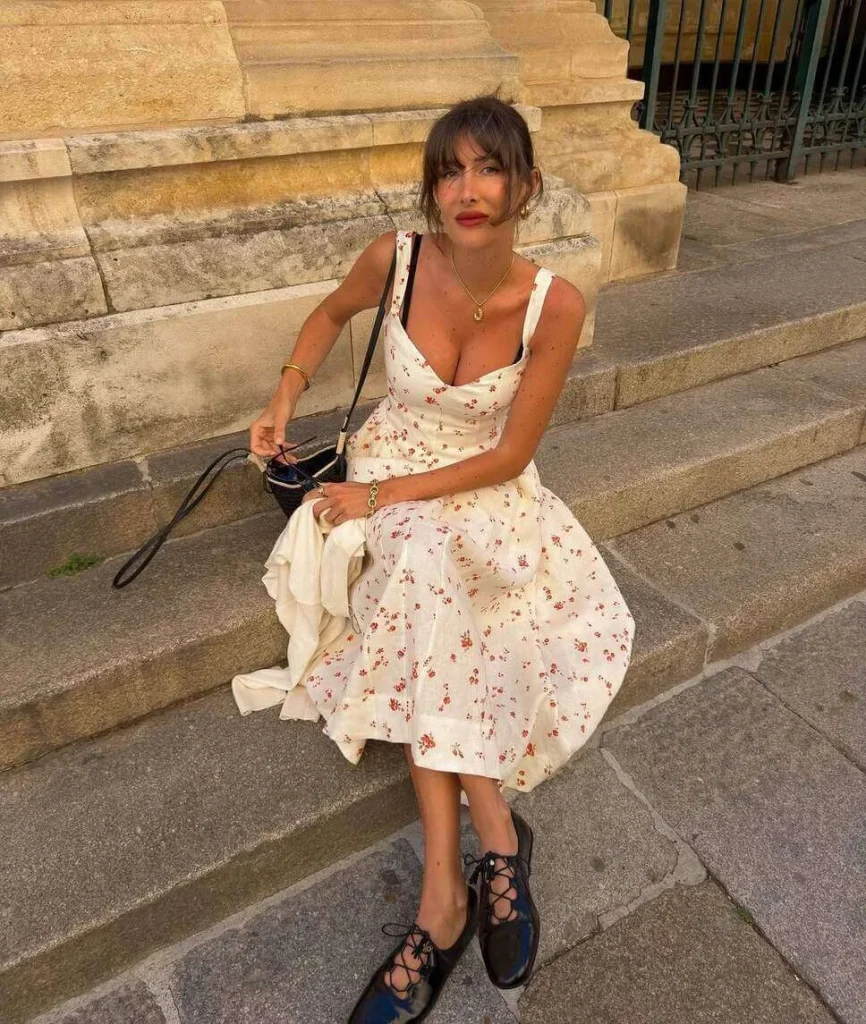 1. Floral Midi Dress with Black Lace-Up Shoes