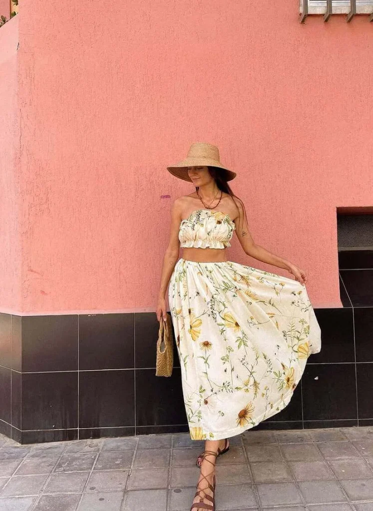 12. Floral Two-Piece Set with Straw Hat