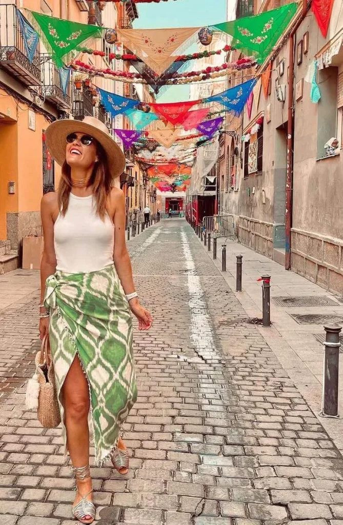 13. White Tank with Green Wrap Skirt and Hat