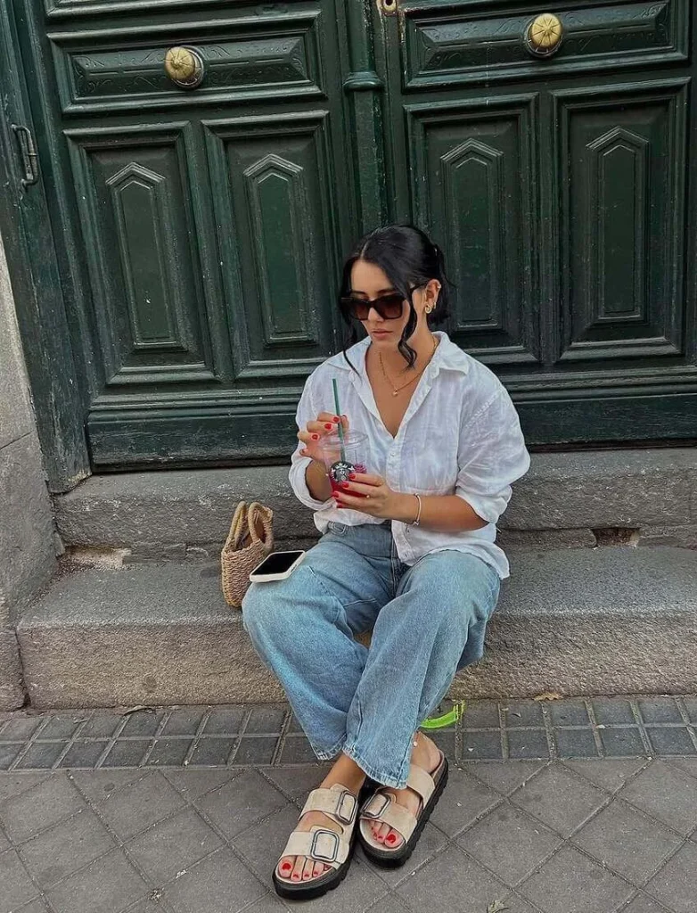 14. White Shirt with Jeans and Chunky Sandals