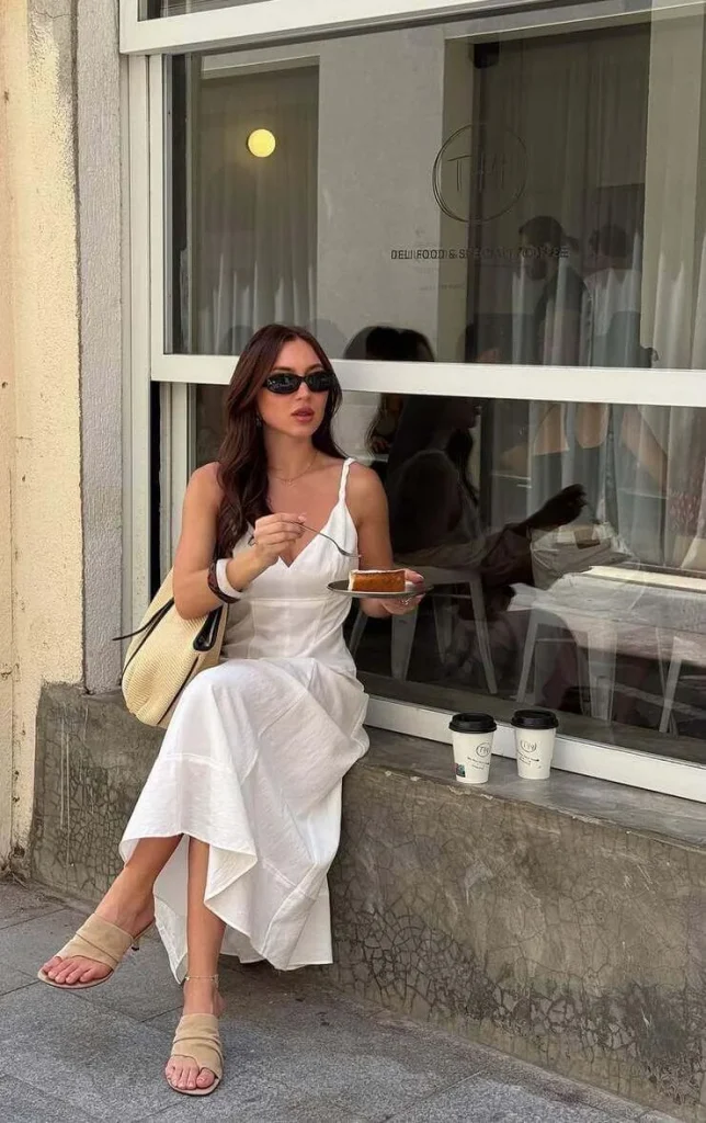 16. White Slip Dress with Straw Tote