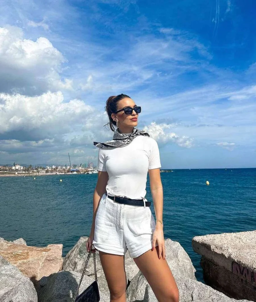 17. White Tee with Linen Shorts and Scarf
