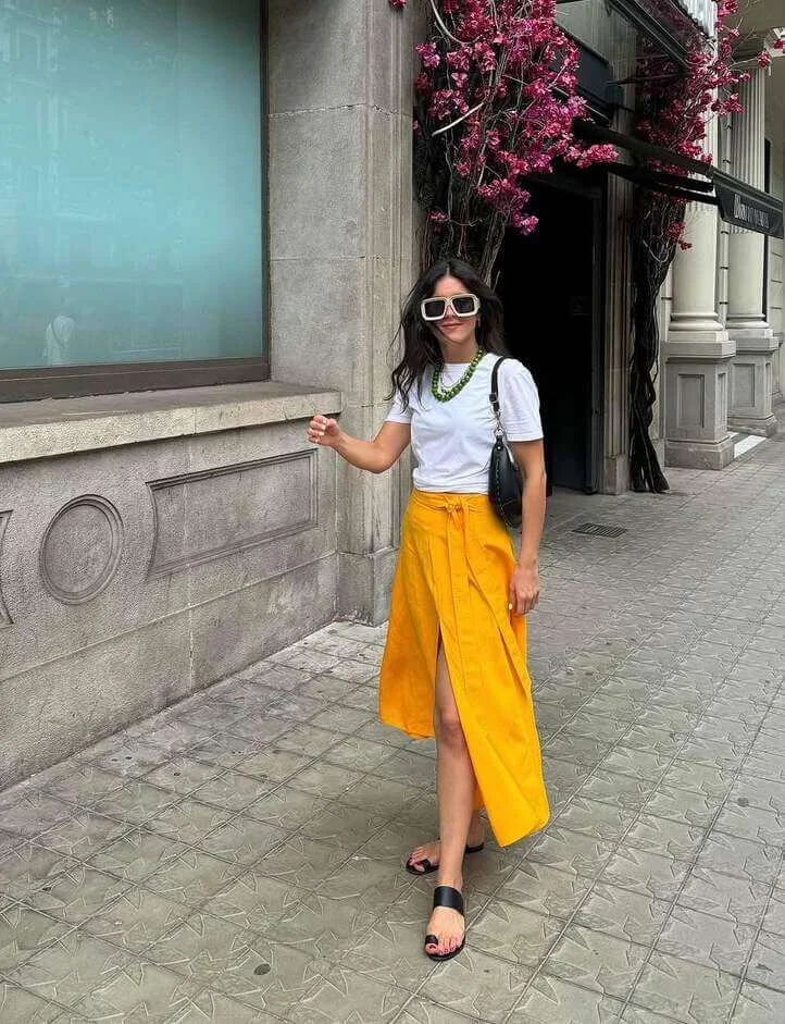 18. White Tee with Yellow Wrap Skirt
