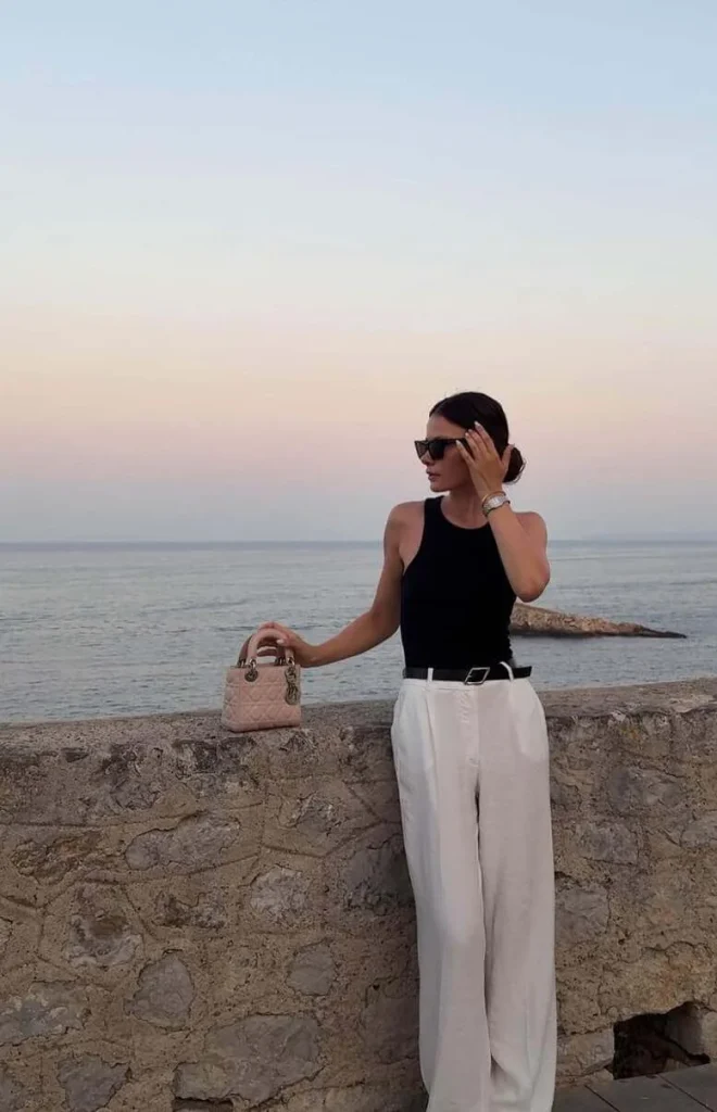 21. Black Tank with White Wide-Leg Pants