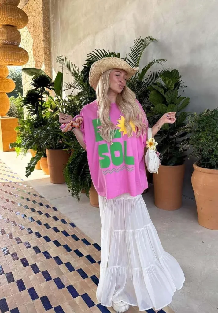 23. Graphic Tee with White Maxi Skirt and Hat
