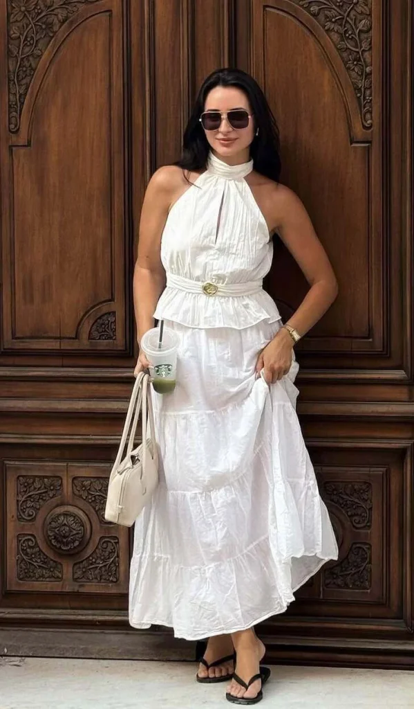 24. White Halter Dress with Belt Detail