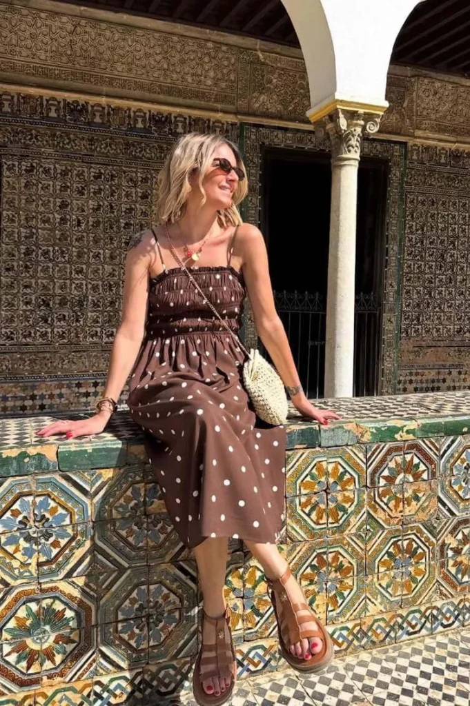 4. Brown Polka Dot Midi Dress with Leather Sandals