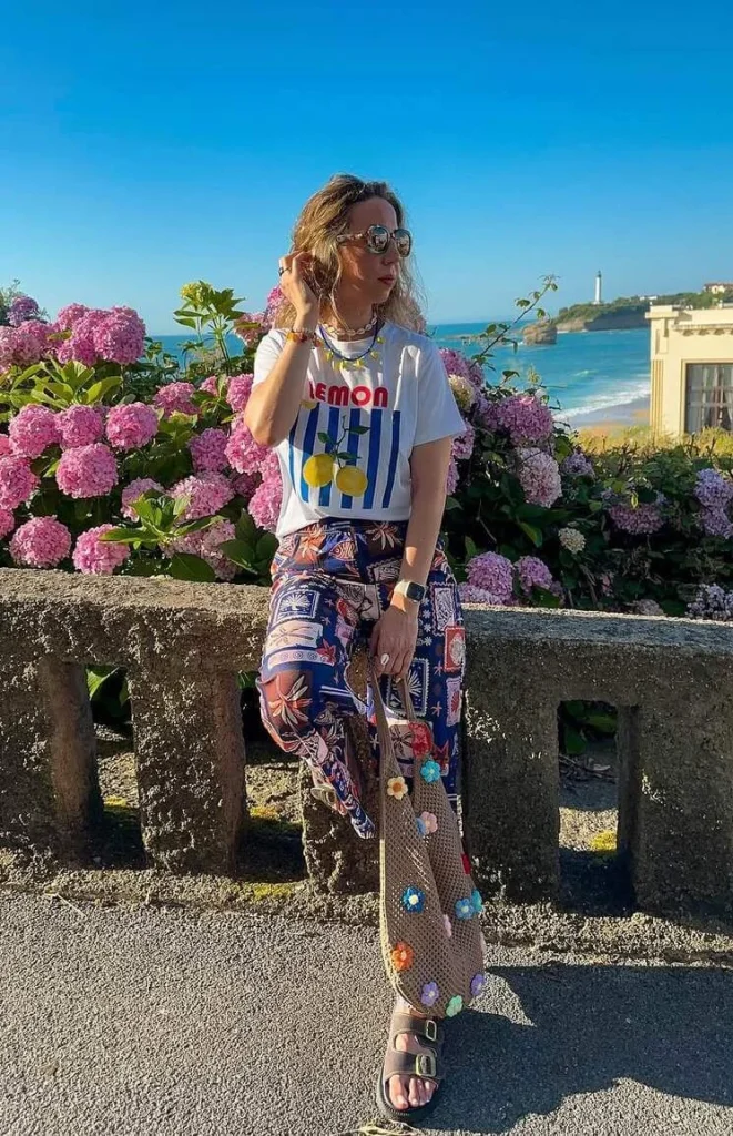 5. Lemon Tee with Printed Pants and Sandals