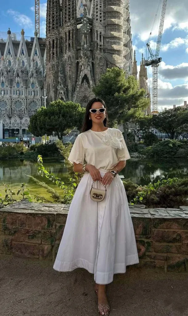 6. Cream Top with White Midi Skirt