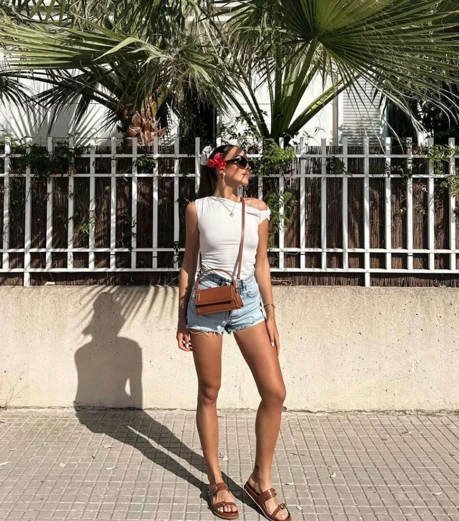 9. White Top with Denim Shorts and Sandals