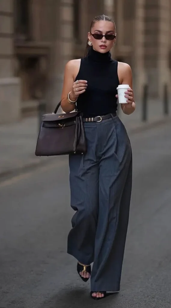 Sleeveless Turtleneck and Wide-Leg Trousers