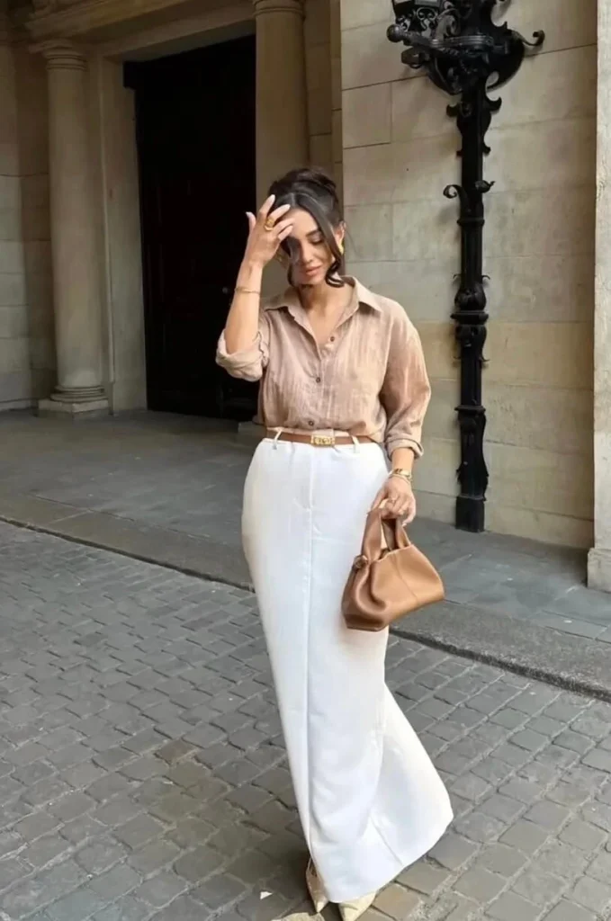 Beige Shirt and White Maxi Skirt