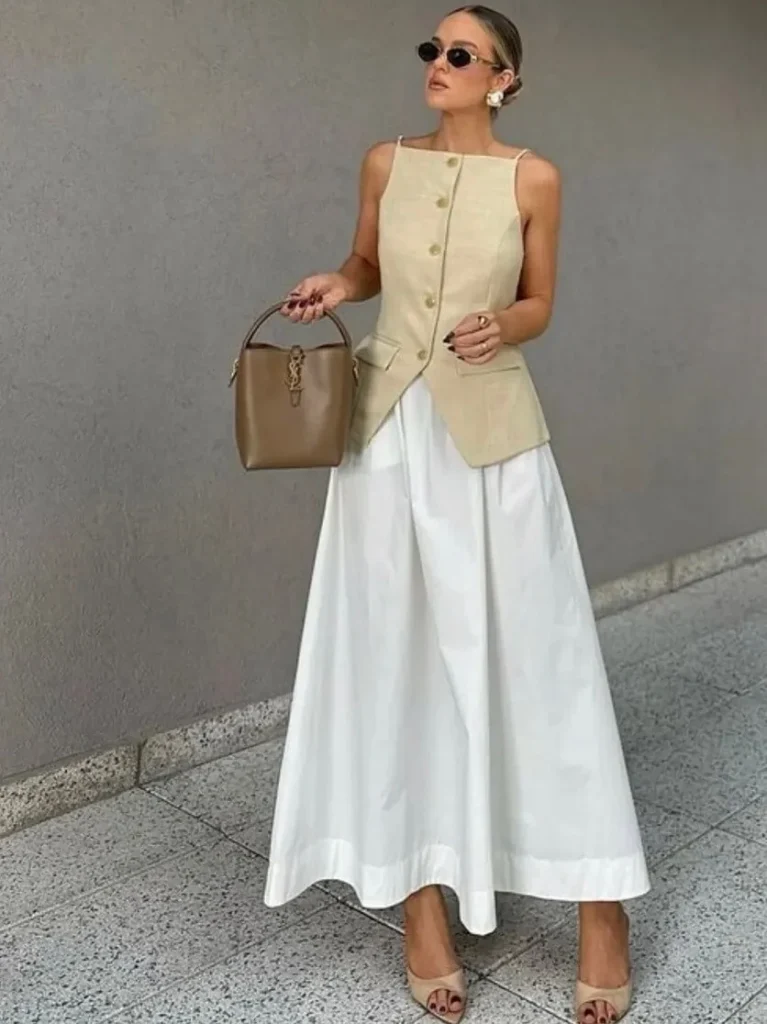 Sleeveless Vest and Full White Skirt
