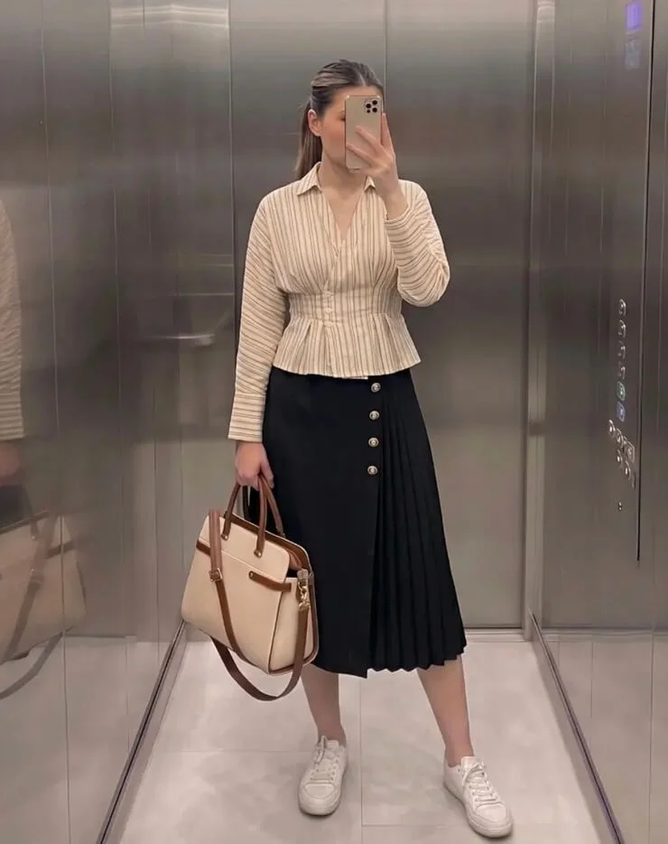 Striped Blouse and Pleated Midi Skirt