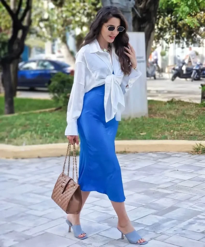 Blue Satin Skirt and White Shirt
