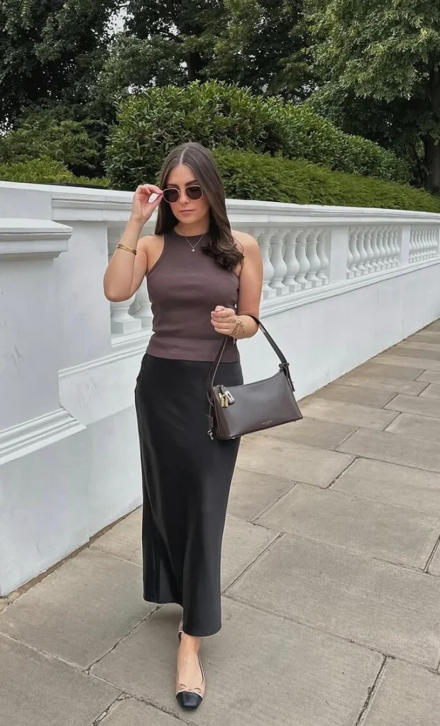 Brown Tank and Black Midi Skirt