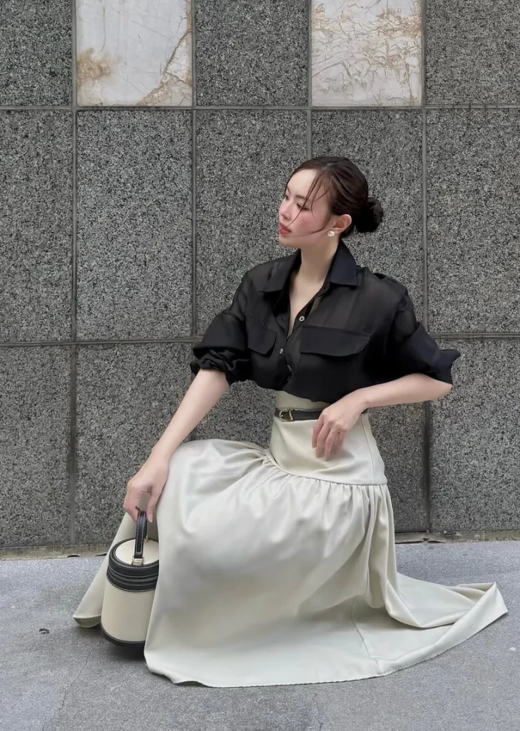 Black Blouse and Cream Maxi Skirt