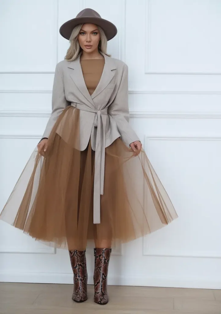24. Earthy Drama with Couture Vibes