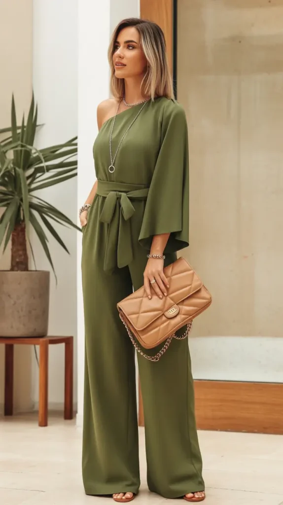 20. Olive Elegance in One-Shoulder Glam