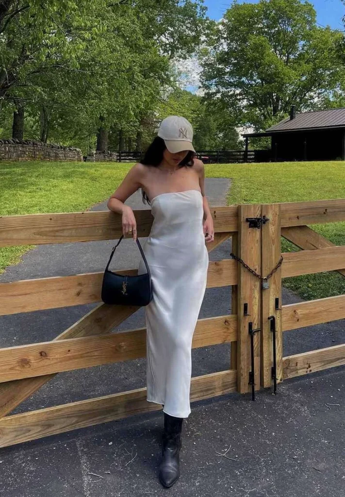 Strapless Midi Dress with Cowgirl Boots