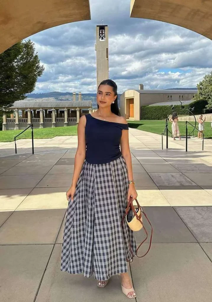 One-Shoulder Top with Plaid Midi Skirt