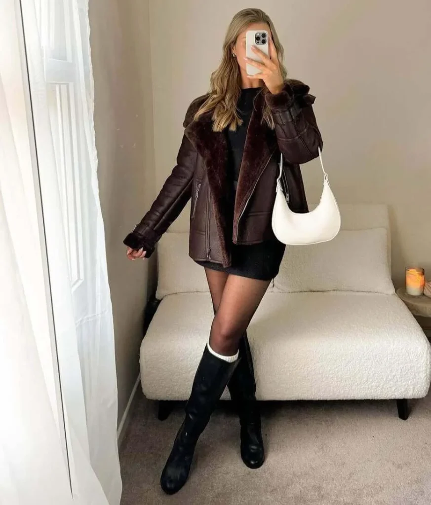 1. Shearling Jacket with Knee-High Boots