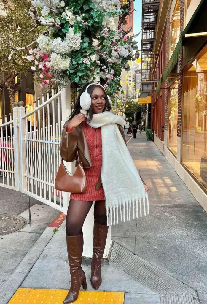 10. Knit Dress with Brown Knee-High Boots