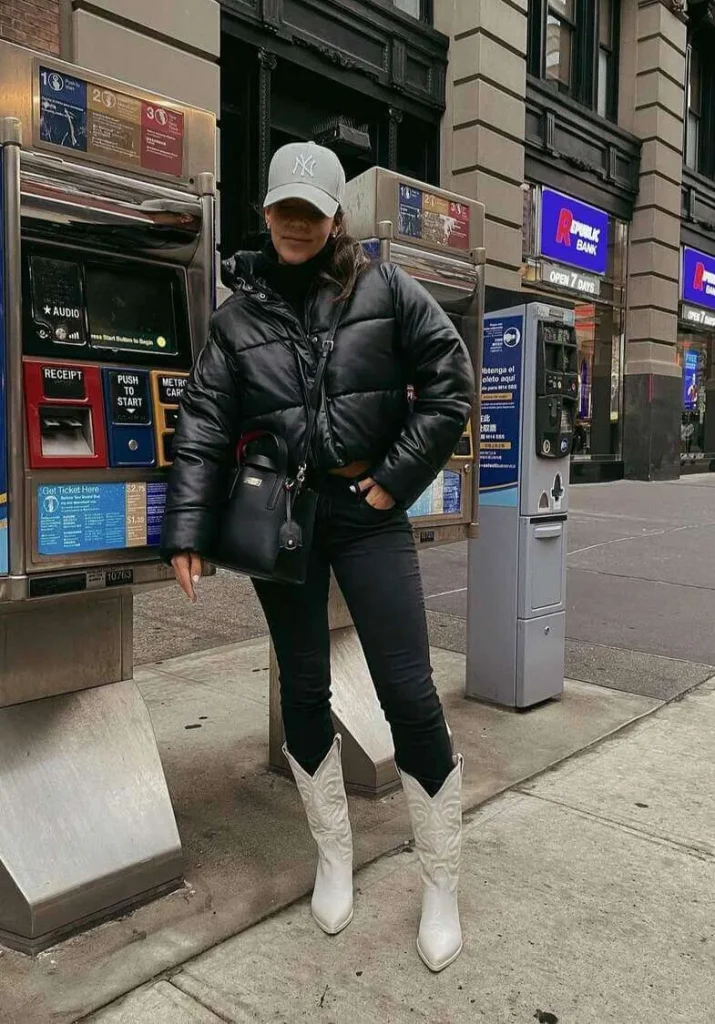 16. White Cowboy Boots with a Puffer Jacket
