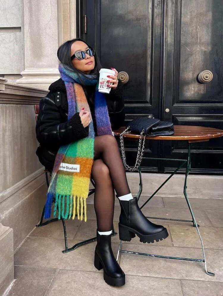 2. Chunky Platform Boots with an Oversized Scarf