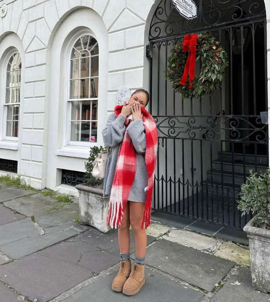 3. Plaid Scarf with Suede Ankle Boots