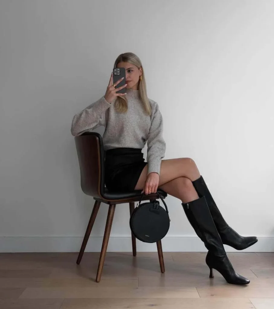 4. Beige Sweater with Heeled Knee-High Boots