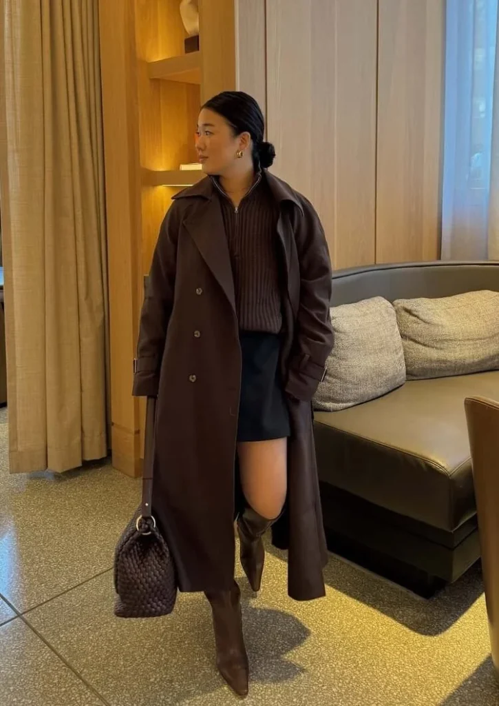 7. Brown Trench Coat with Pointed Boots