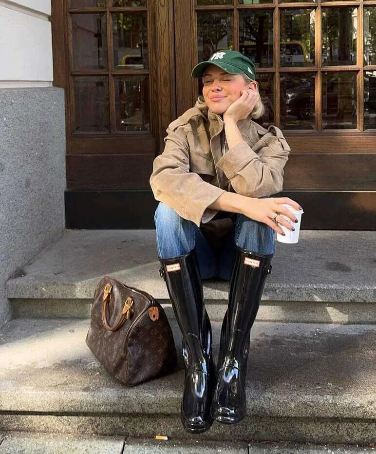 8. Rain Boots with a Suede Jacket