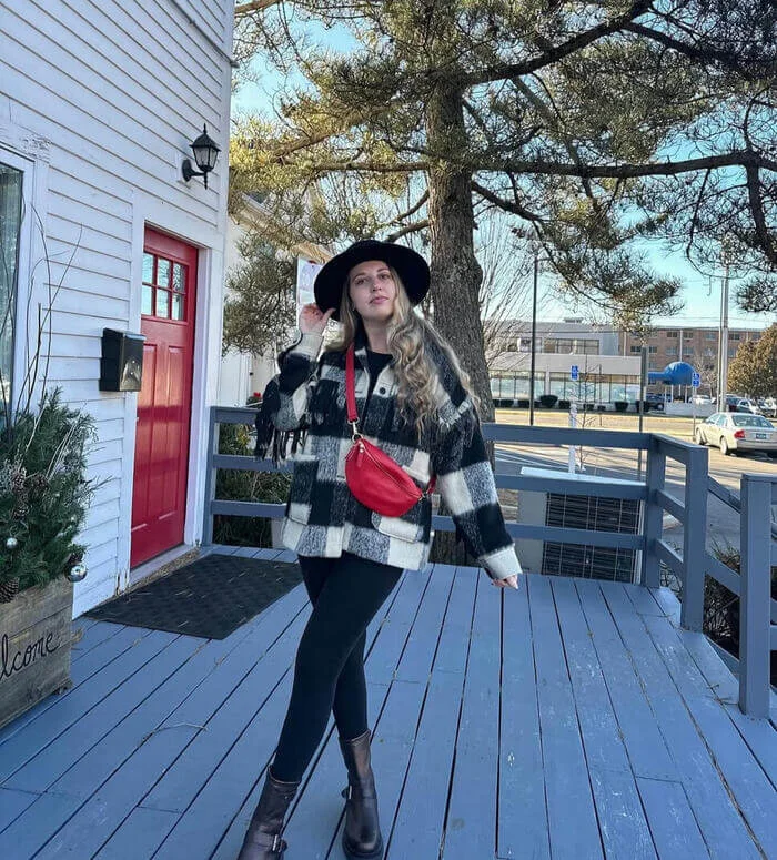 16. Plaid Jacket and Red Bag